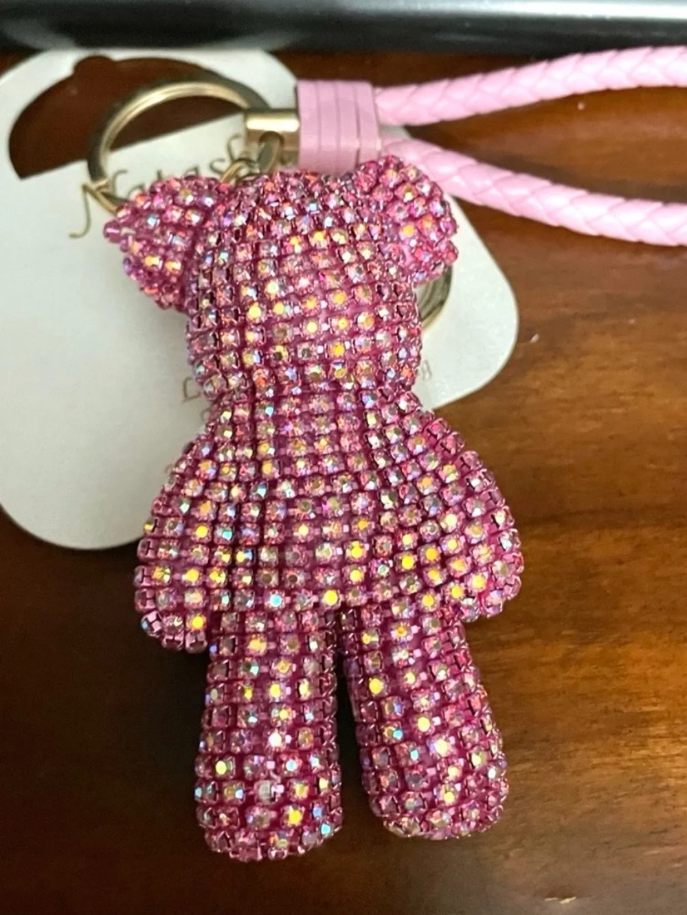 Natasha Couture Pink Teddy Bear Crystal Keychain with braided strap NEW